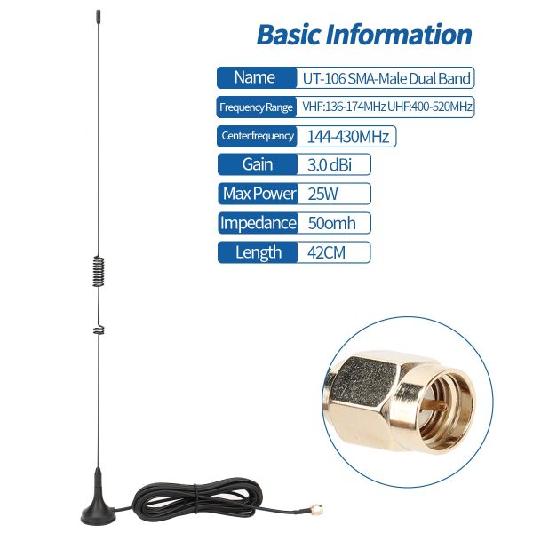 Vehicle Mounted UT-106UV Antenna SMA Male For Baofeng WouXun TYT UV-8000D/E - Image 2