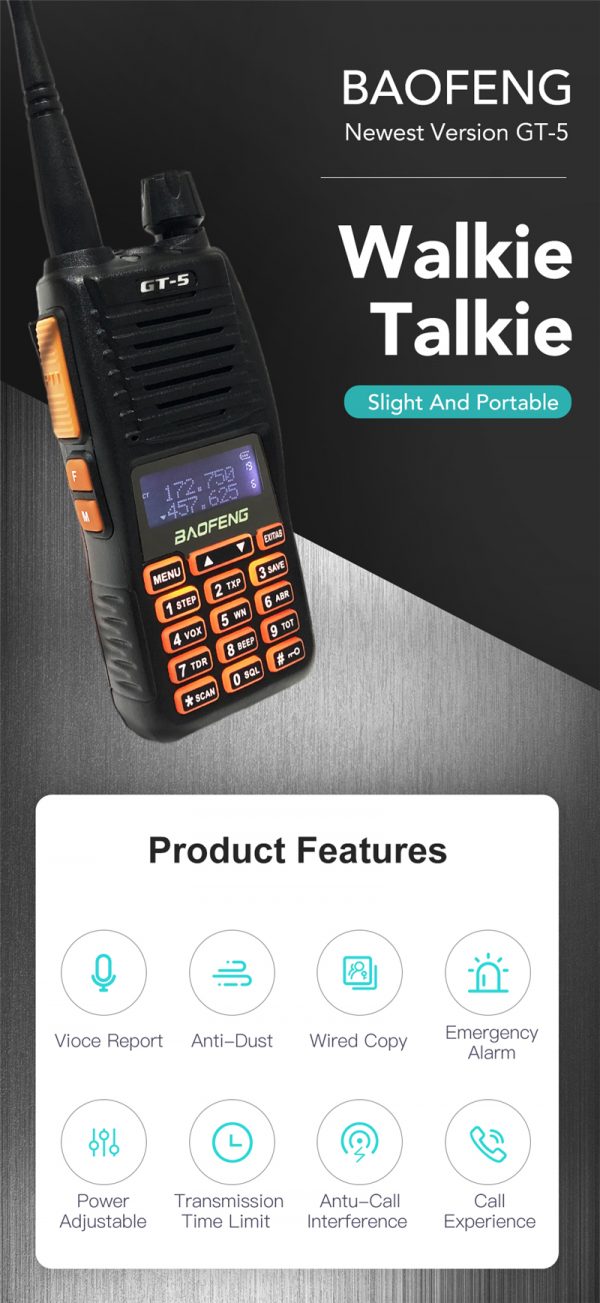 New Version BAOFENG GT-5 Powerful Long Range Walkie Talkie Portable FM Transceiver CB Ham Radio Dual Band uhf vhf Waterproof Two Way Radio