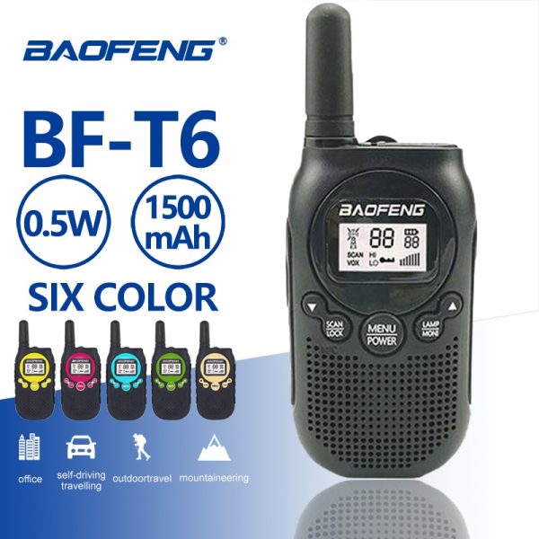 Black Baofeng T6  VOX Alarm LED Flashlight Key Lock 0.5W Kids Handheld Mini Two Way Radio