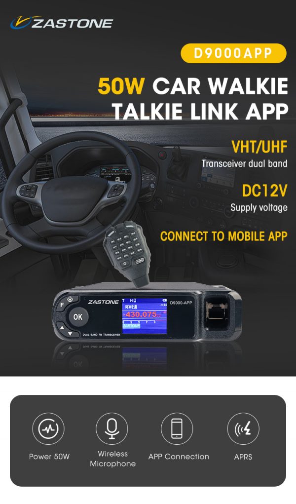 ZASTONE D9000APP 50W Mobile Transceiver Link to Phone App Dual Band UHF VHF off-road Vehicle Walkie Talkie