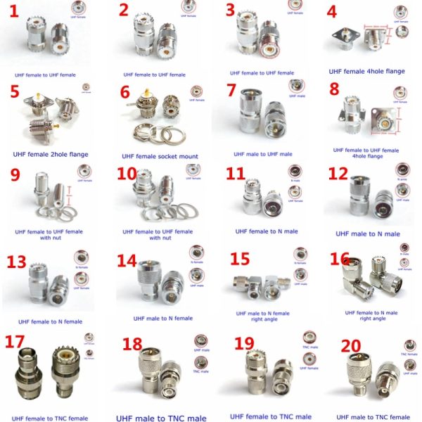 1Pcs UHF SO239 PL259 Female Mount Socket Connector SL16 UHF SO-239 PL-259 To N Type TNC UHF Male Female Adapter RF Copper Brass