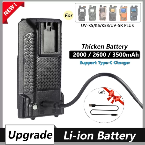UV K5 Battery Quansheng UV-K6 Thicker Li-ion Battery Type-C Charger 2000/2600/3500mAh UV5R Plus UV-K58 Radio Battery Replacement