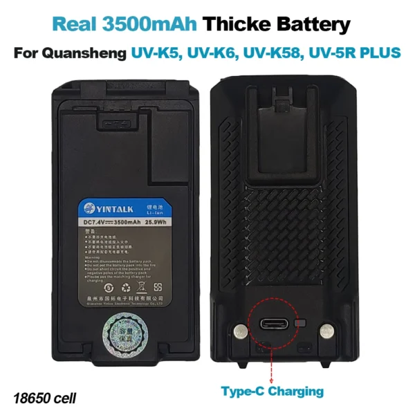 Quansheng UV-K5 UV-K6 Walkie Talkie Thicke Battery 18650 Cell Type-C Charging UV-K58 UV-5R PLUS Replacement Battery Real 3500mAh