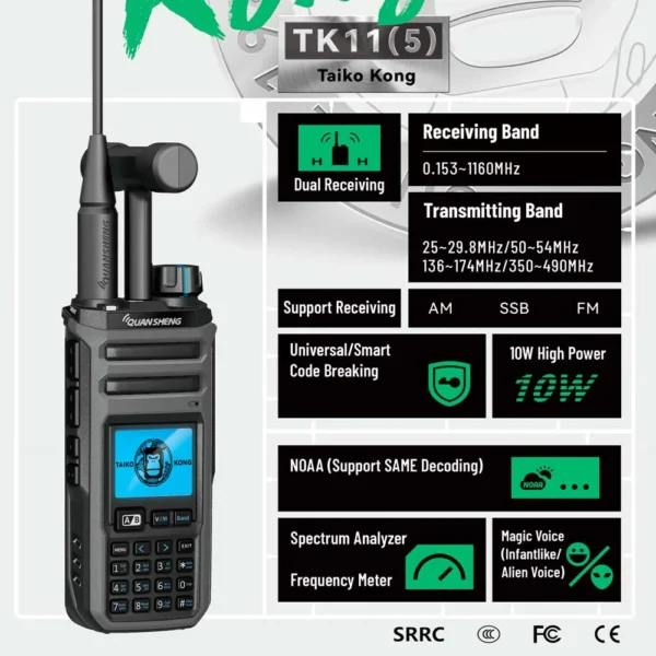 Quansheng TK11(5) Taiko kong 10w Two Way Radio VHF & UHF Dual Receiving AM FM Ham Dual Band Radio Magic Voice Interphone - Image 2