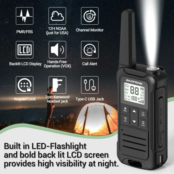 2pcs Baofeng F22 PMR FRS Mini Walkie Talkie Waterproof Type-C Licence-free NOAA Portable Two Way Ham Radio for Hunting - Image 2