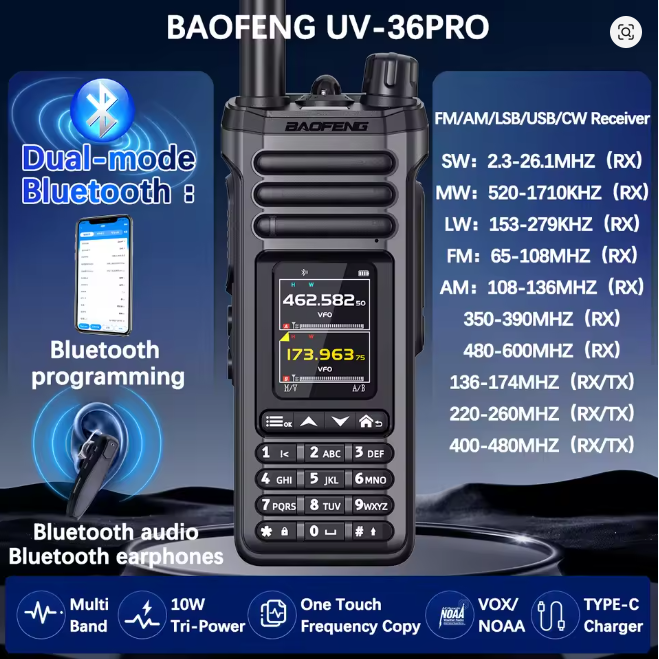 Hard Hitter UV-36 PRO 10W Ham Transceiver Bluetooth Tune Si4732 Multi-Band FM AM Long Range UV-32 Upgrade Radio